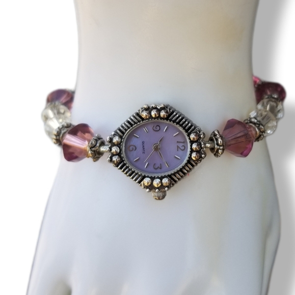 VINTAGE SILVERTONED & PURPLE /WHITE CRYSTAL BEADED LADIES WATCH - Picture 1 of 7